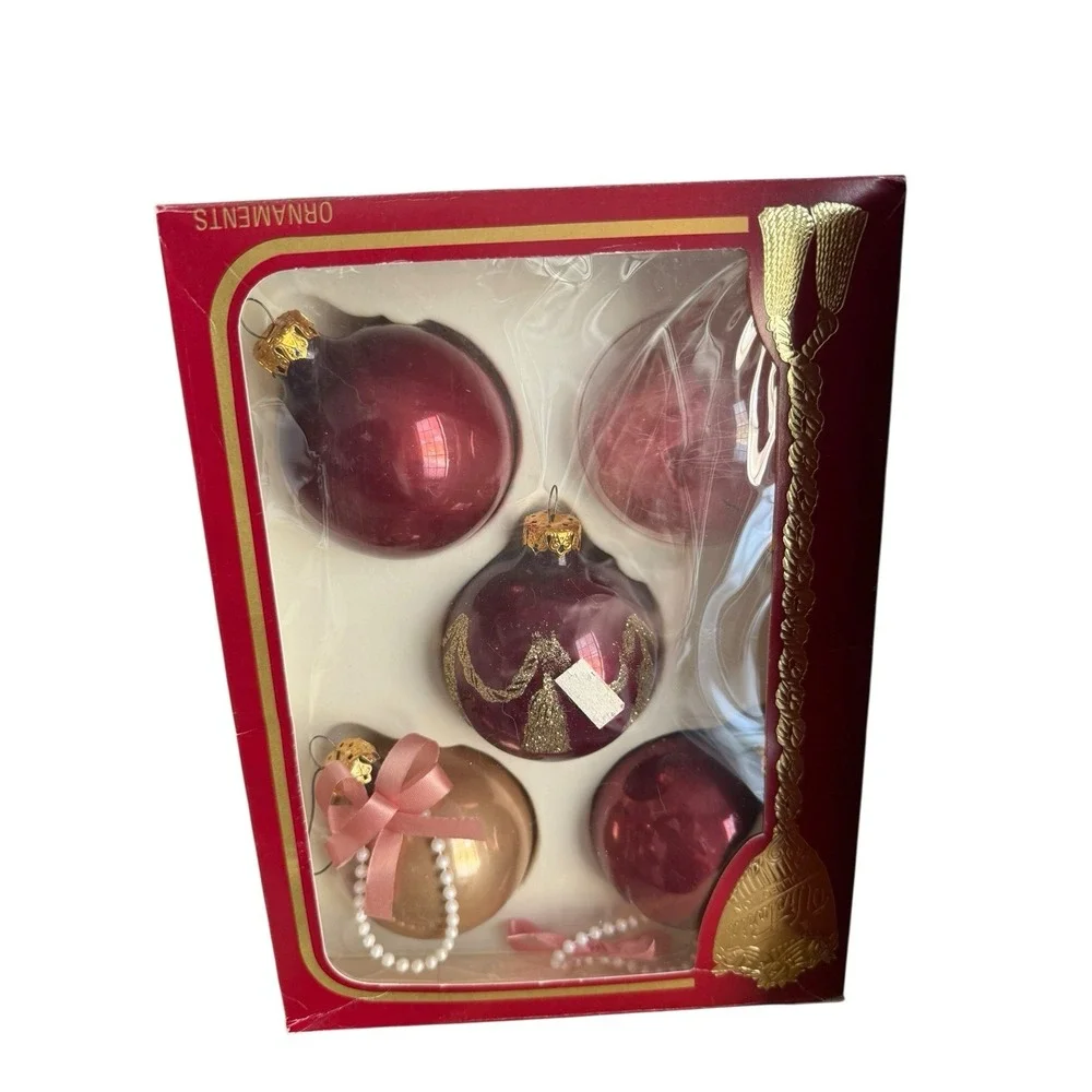 Victoria Collection Glass‎ Christmas Ornaments Pink Gold Red Lot of 15 Retro